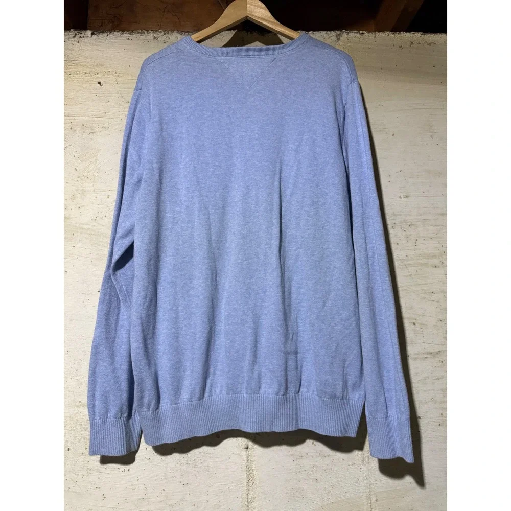 Tommy Hilfiger Mens XXL V-Neck Sweater Light Blue Long Sleeve Logo Pullover Soft